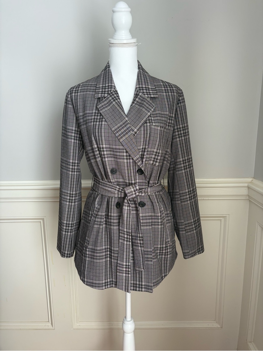 Zara Gray Plaid Double-Breasted Belted Blazer